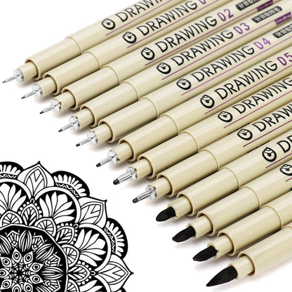 Micro Fineliner Drawing Art Pens: 12 Black Fine Line Waterproof Ink Set Artist Supplies Archival Inking Markers Liner Sketch Outline Anime Gifts Manga Sketching Watercolor Zentangle Kit Stuff