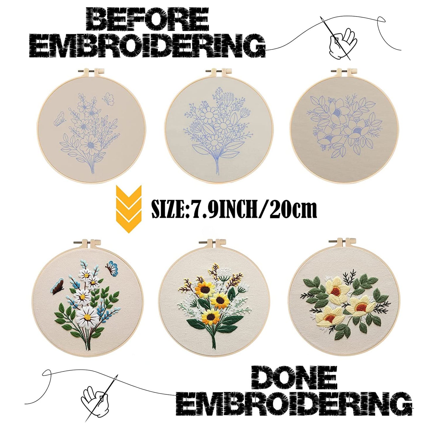 Embroidery Kit for Beginners,Cross Stitch Kits for Adults DIY Craft 3pcs Embroidery Pattern Needlework Fabric Embroidery Thread and Needles 1pcs Embroidery Hoop Adult Stitch Stuff Sewing Kit Gift