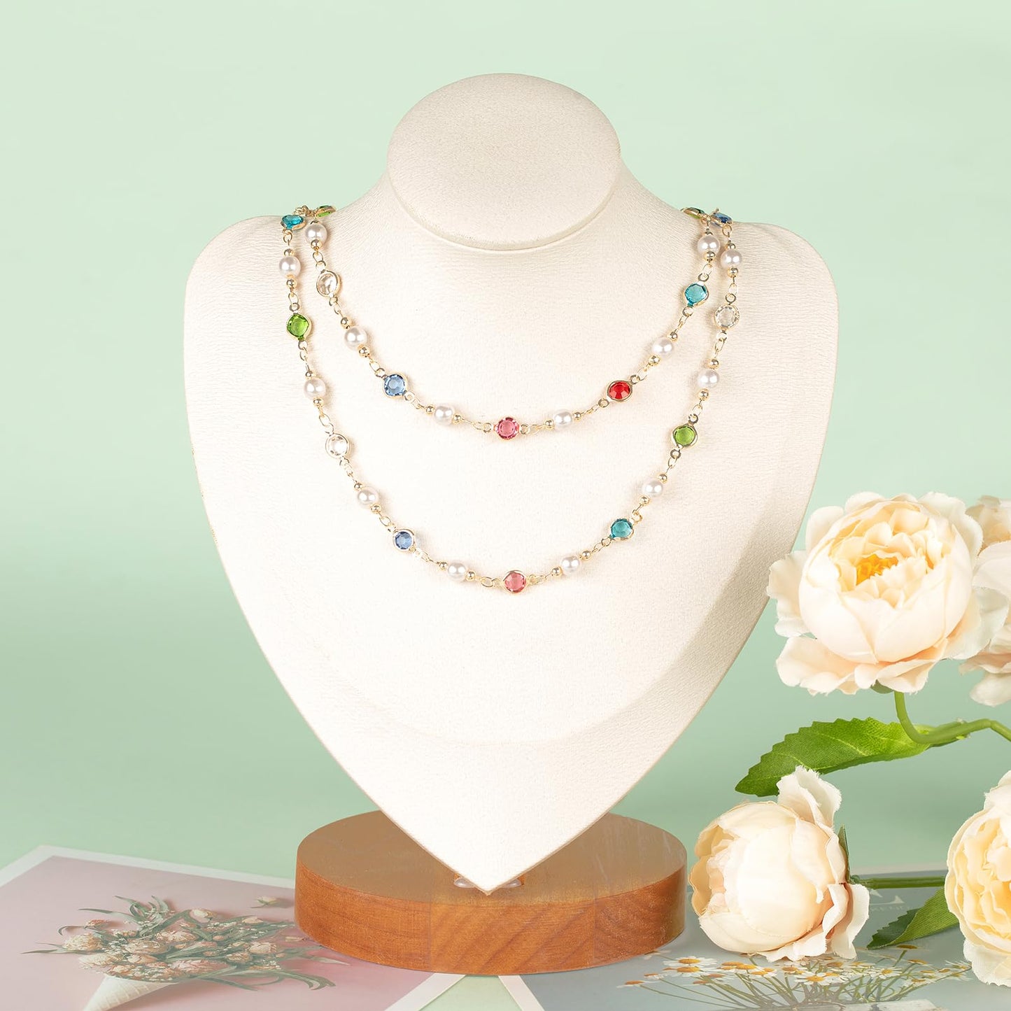 3 Meters Pearl Chains for Jewelry Making, Mixed Color Rhinestone Beaded Chains Bulk with Jump Rings and Lobster Clasps for Crafts DIY Supply Findings