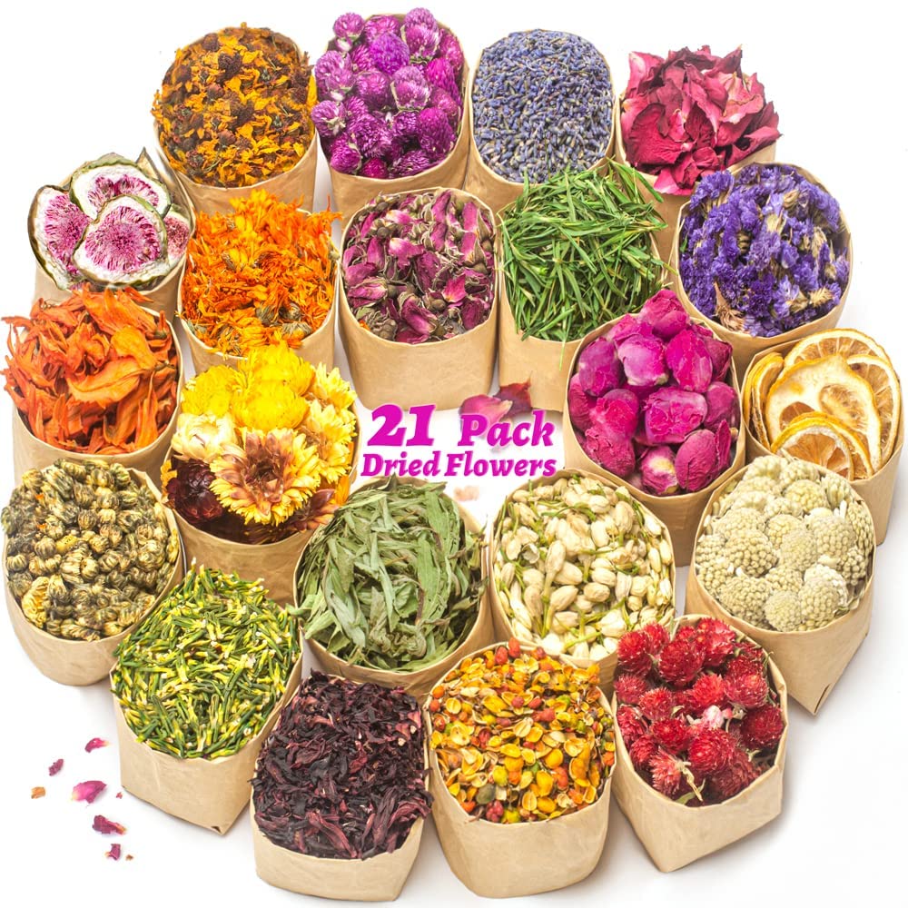 21 Bags 100% Natural Dry Flower Herbs Kit for Soap, DIY Candle, Bath, Resin Jewelry Making Include Lavender, Don't Forget Me, Lily, Rose Petals, Jasmine and More