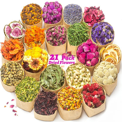21 Bags 100% Natural Dry Flower Herbs Kit for Soap, DIY Candle, Bath, Resin Jewelry Making Include Lavender, Don't Forget Me, Lily, Rose Petals, Jasmine and More
