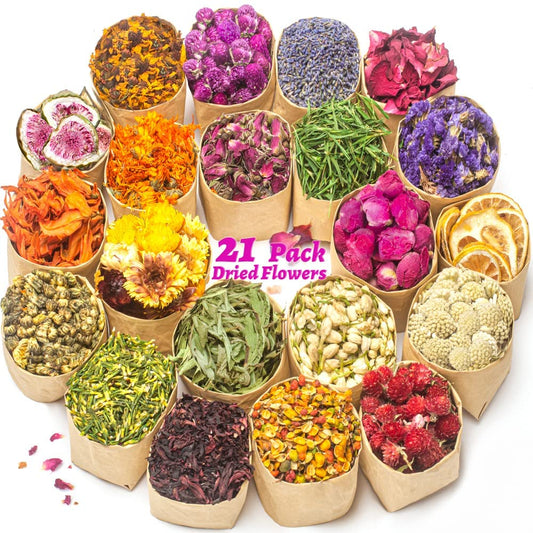 21 Bags 100% Natural Dry Flower Herbs Kit for Soap, DIY Candle, Bath, Resin Jewelry Making Include Lavender, Don't Forget Me, Lily, Rose Petals, Jasmine and More