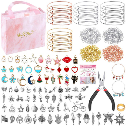300Pcs Charm Bangle Bracelets Making Kit with Expandable Bangles, Charms, Jump Rings and Pliers for Jewelry Making Bangle Bracelets (with Gift Box and Tools)