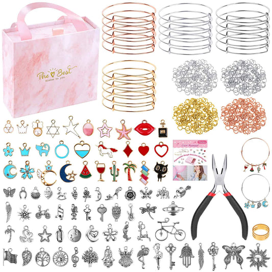300Pcs Charm Bangle Bracelets Making Kit with Expandable Bangles, Charms, Jump Rings and Pliers for Jewelry Making Bangle Bracelets (with Gift Box and Tools)