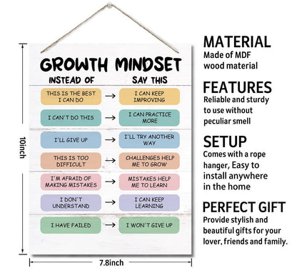 Growth Mindset Decor Sign, Hanging Printed Wall Plaque Wood Signs, School Psychologist Wall Art for Office Decor, Counselor Posters CBT Classroom Challenging Negative Thoughts, Gifts for Kids 10X7.8in