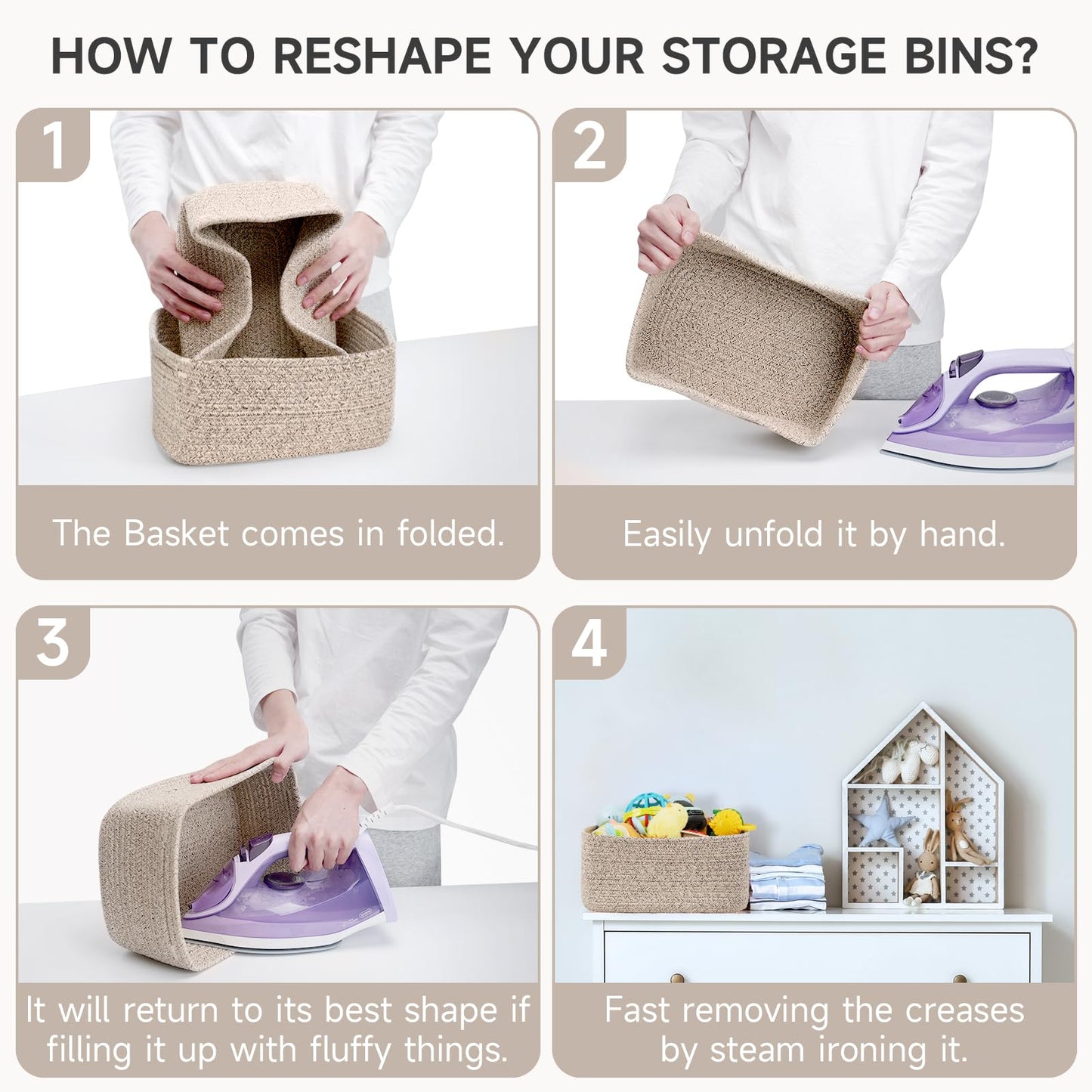 3-Pcs Shelf Baskets for Organizing | Storage Basket for Shelves | Small Woven Baskets | Rope Toy Basket | Closet Organizer Bins | Cube Decorative Box | 11.8×7.8×5.1” | Mixed brown