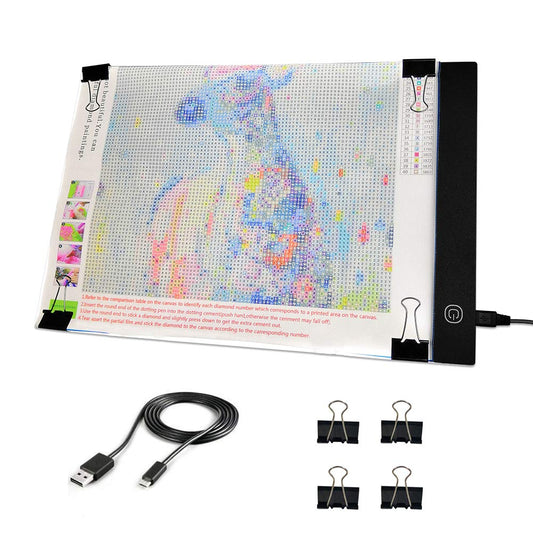 A4 LED Light Pad - Diamond Art Light Box Tracing Light Board with 3 Brightness, Ideal for Sketching, Animation, Drawing Light Box with 4 Fasten Clips