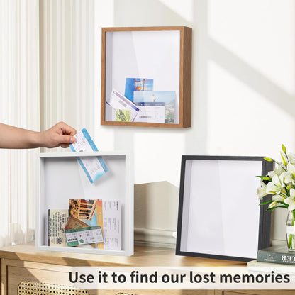 Travel Adventure Challenge Archive Shadow Box Picture Frame with Slot,8x8In Travel Ticket Card Memory Box for Keepsake Box, Top Loading Shadow Box Display Case Travel Decor Gift (Black,8x8)