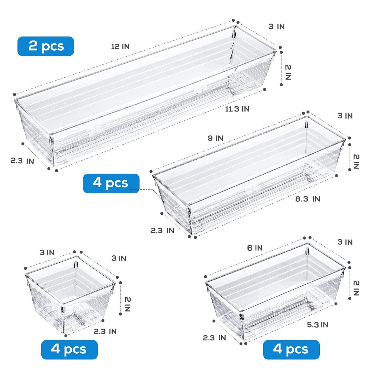 14 PCS Clear Plastic Drawer Organizer Tray, 4 Sizes Desk Drawer Divider Organizers and Storage Bins for Makeup, Kitchen Utensils, Jewelries and Gadgets