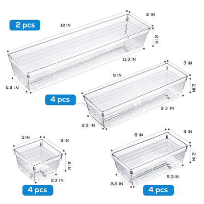 14 PCS Clear Plastic Drawer Organizer Tray, 4 Sizes Desk Drawer Divider Organizers and Storage Bins for Makeup, Kitchen Utensils, Jewelries and Gadgets