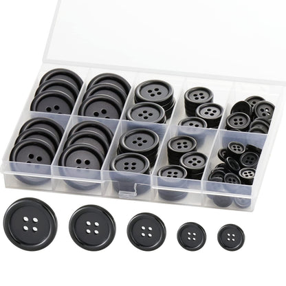 100 Pcs Black Resin Sewing Buttons, 4-Hole Craft Suit Coat Shirt Buttons, 5 Sizes, Round Mixed, with Compartment Storage Box, Suitable for Sewing, DIY and Holiday Decoration