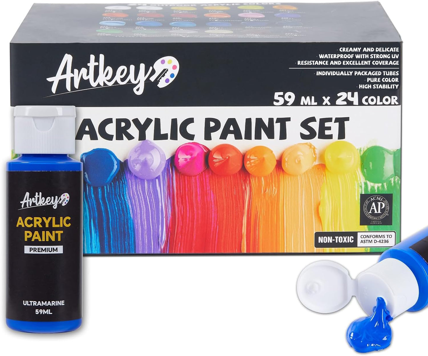Acrylic Paint Set - 24 colors 2 oz/59 ml Acrylic Paints Professional Artists Painting Kit for Canvases Fabric Rock Leather Easter Egg Wood Ceramic Glass Art Craft Painting