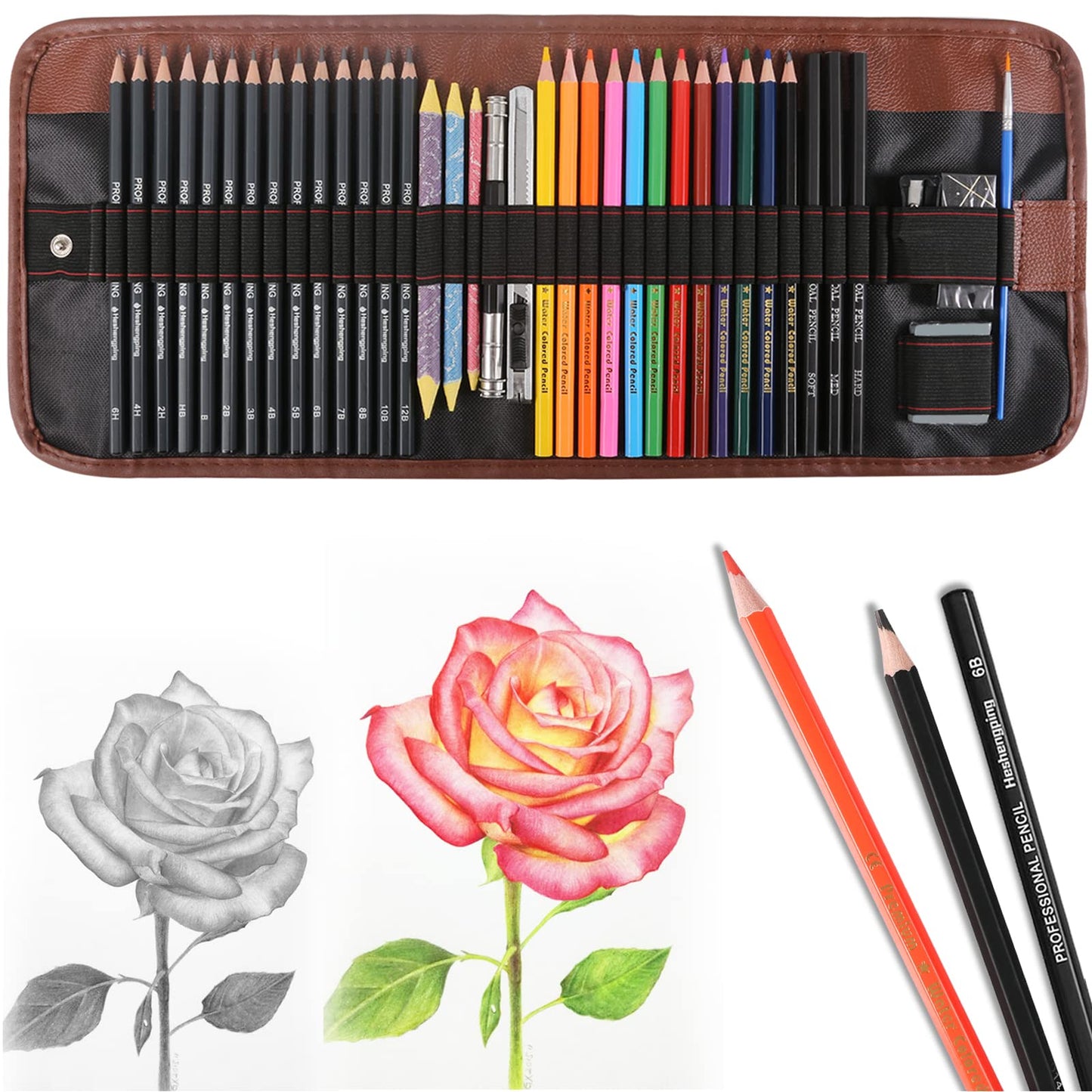 Sketching Pencil Set Drawing Pen Charcoal Sketch Kit Cover Graphite Charcoal Watercolor Pencils Paper Erasable Pen Beginners Artist Children and Adults(39pcs Art Supplies)