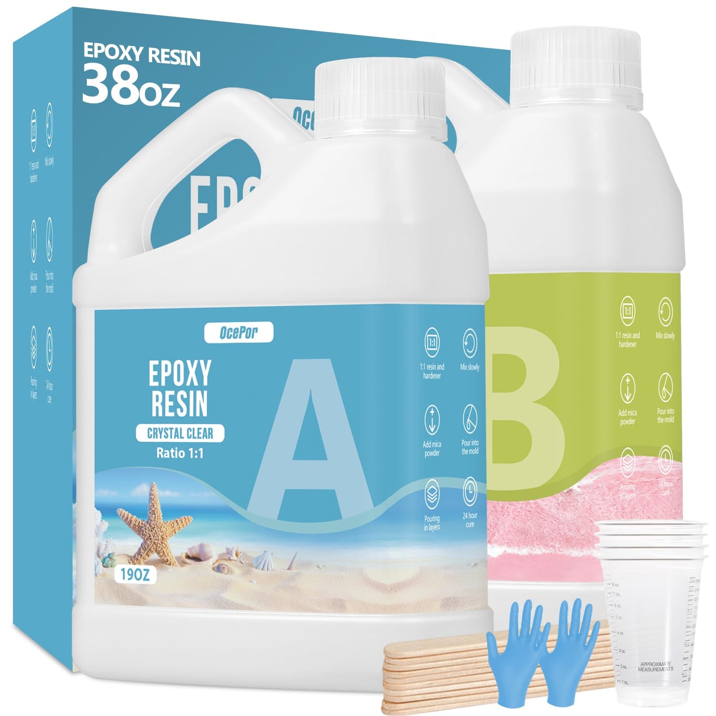 Epoxy Resin-38OZ, Crystal Clear Epoxy Resin Kit, No Yellowing No Bubble Art Resin Casting Resin for Art Crafts, Jewelry Making, Wood & Resin Molds(19OZ x 2)