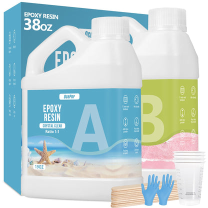Epoxy Resin-38OZ, Crystal Clear Epoxy Resin Kit, No Yellowing No Bubble Art Resin Casting Resin for Art Crafts, Jewelry Making, Wood & Resin Molds(19OZ x 2)