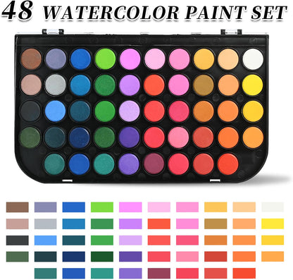 Watercolor Paint,48 Colors Washable Watercolor Paint Set With Brush, Refillable Water Brush Pen, Palette, and Water-Washable Paints for Kids, Adults and Artists.