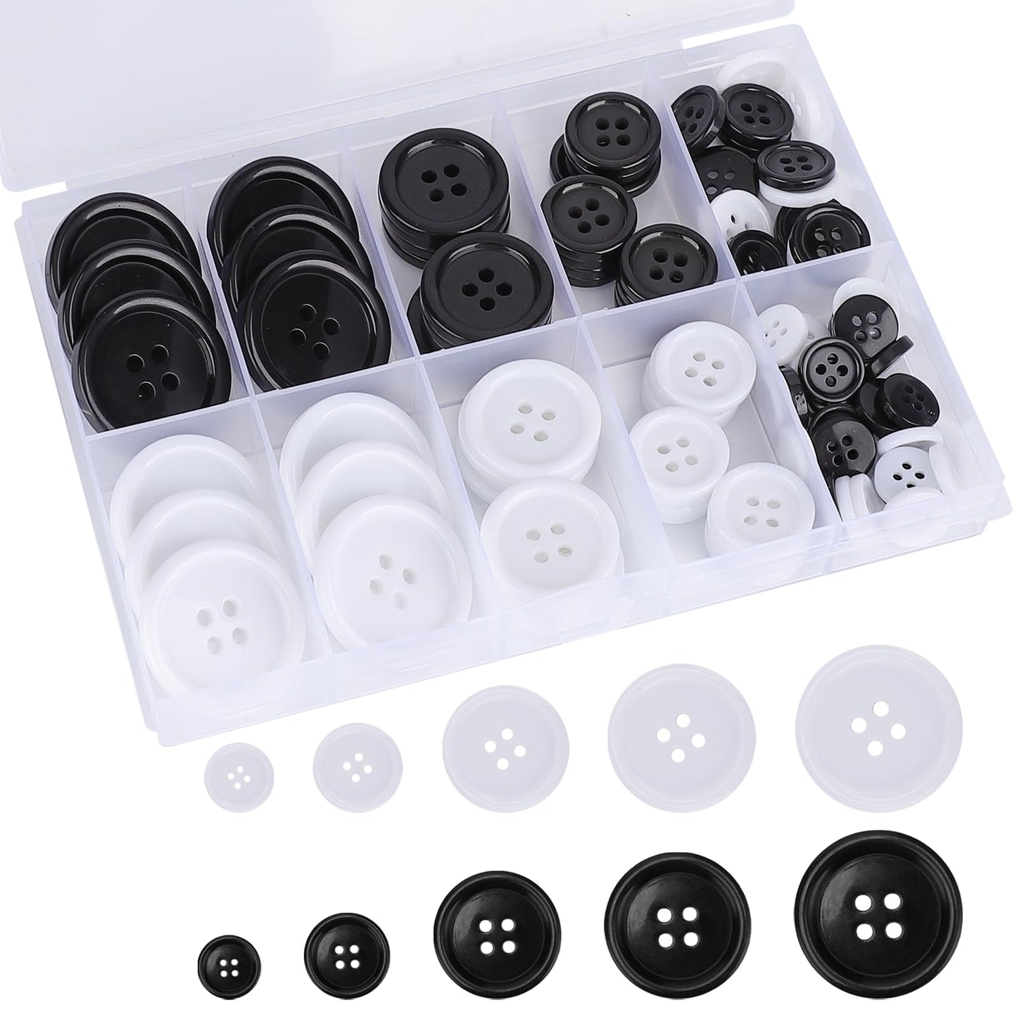 100 Pcs Premium Mixed Resin Sewing Buttons, kidoom Eco-Friendly 4-Hole Craft Buttons, 5 Sizes of Black Buttons Suitable for Sewing, DIY and Holiday Decoration(Black & White)