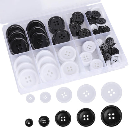100 Pcs Premium Mixed Resin Sewing Buttons, kidoom Eco-Friendly 4-Hole Craft Buttons, 5 Sizes of Black Buttons Suitable for Sewing, DIY and Holiday Decoration(Black & White)
