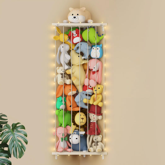 Corner Stuffed Animal Storage Net - Stuffed Animals Holder with Light - Plush Toy Organizer Hanging Stuffed Animal Hammock with Adjustable Length for Kids Room Playroom Bedroom Nursery Decor