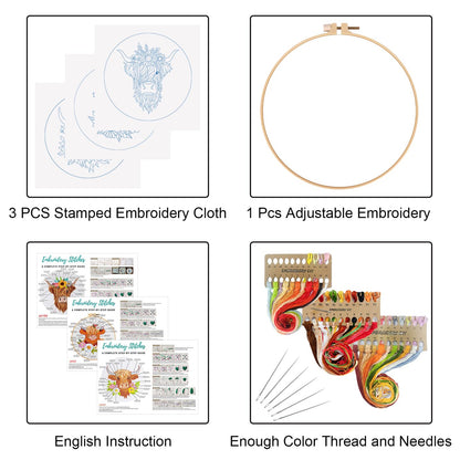 3 Sets Embroidery Kits for Beginners,Cross Stitch Kit for Adults,Starters DIY Needlepoint Including Hoop -Highland Cow and Florals Pattern