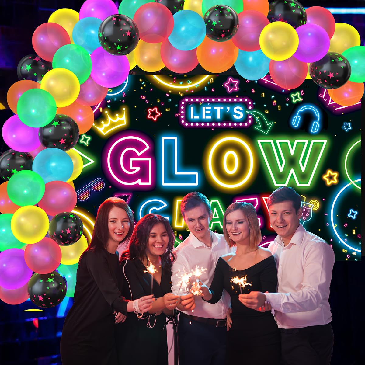 Neon Glow Party Decorations Glow in the Dark Party Supplies 60Pcs UV Blacklight Luminous Neon Balloons Arch Kit and Let's Glow Crazy Decorations Backdrop for Birthday Sleppover Decor