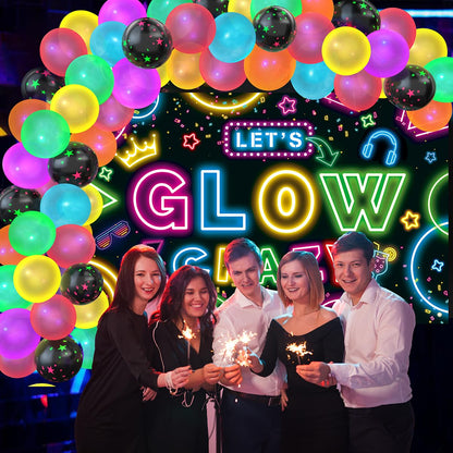 Neon Glow Party Decorations Glow in the Dark Party Supplies 60Pcs UV Blacklight Luminous Neon Balloons Arch Kit and Let's Glow Crazy Decorations Backdrop for Birthday Sleppover Decor