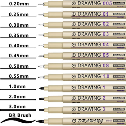 Micro Fineliner Drawing Art Pens: 12 Black Fine Line Waterproof Ink Set Artist Supplies Archival Inking Markers Liner Sketch Outline Anime Gifts Manga Sketching Watercolor Zentangle Kit Stuff