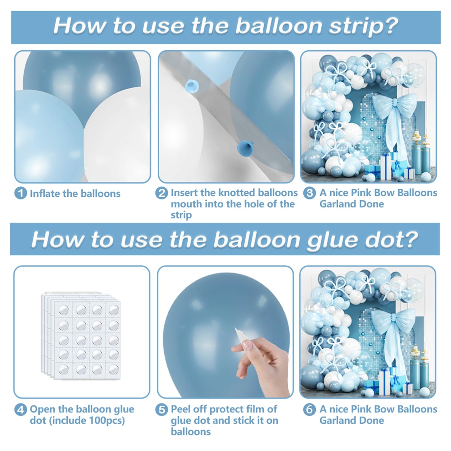 Dusty Blue Bow Balloon Arch Kit, 119Pcs 18/10/5 Inch Light Blue Clear White Balloons Garland Arch Kit for Boys Birthday, Baby Shower, Gender Reveal, Wedding Decoration