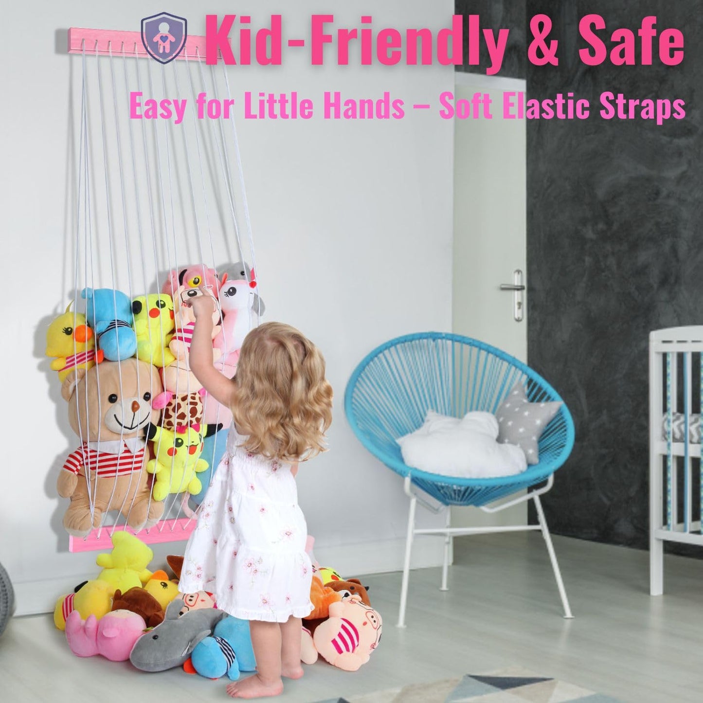 Stuffed Animal Storage Wooden Soft Toy Storage for Kids Room，Wall Mount Door Hanging Stuffed Animal Toy Organizer Shelf for Nursery Play Room Pink -Patent