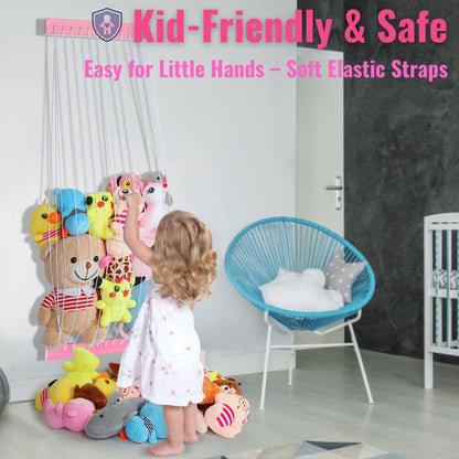 Stuffed Animal Storage Wooden Soft Toy Storage for Kids Room，Wall Mount Door Hanging Stuffed Animal Toy Organizer Shelf for Nursery Play Room Pink -Patent