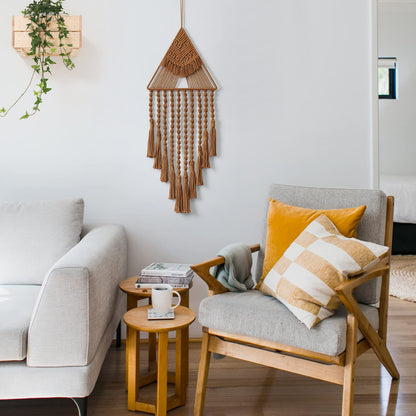 Macrame Woven Wall Hanging Dream Catcher Triangle Tassel Geometric Art Boho Backdrop Bohemian Home Decor Wall Art Beautiful Apartment Dorm Room Door Decoration(Brown)