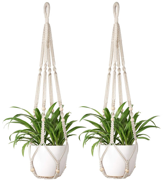 Macrame Plant Hanger Indoor Hanging Planter Basket with Wood Beads Decorative Flower Pot Holder No Tassels for Indoor Outdoor Boho Home Decor 35 Inch, Ivory, Set of 2 (POTS NOT Included)
