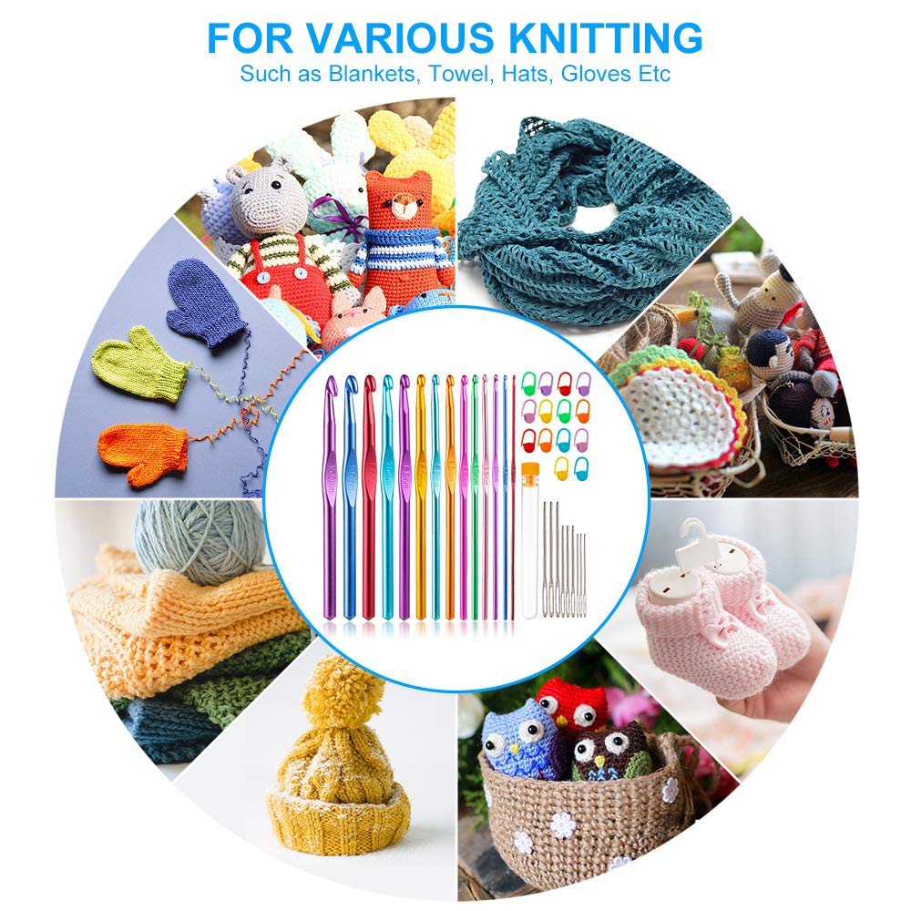 37 PCS Crochet Hooks Set, High Quality Coloured Aluminum Ergonomic Handle Crochet, Hook Needles for Arthritic Hands, with Stitch Markers and Large-Eye Blunt Needles