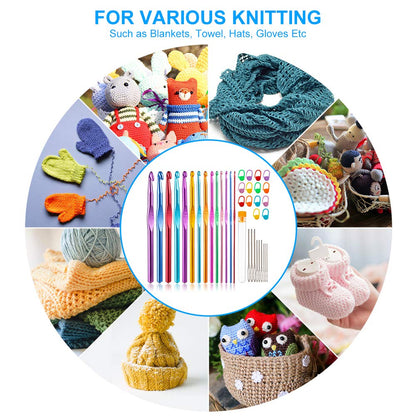 37 PCS Crochet Hooks Set, High Quality Coloured Aluminum Ergonomic Handle Crochet, Hook Needles for Arthritic Hands, with Stitch Markers and Large-Eye Blunt Needles