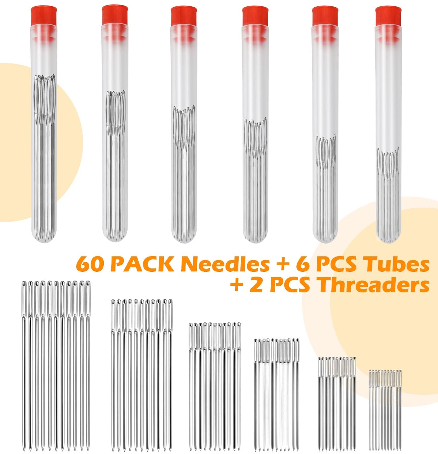 60 PCS Large Eye Sewing Needles, 6 Sizes Hand Sewing Needles, Leather Needle Embroidery Thread Needle, Stainless Hand Quilting Needles with Threaders for Hand Sewing Art Crafts