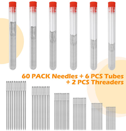 60 PCS Large Eye Sewing Needles, 6 Sizes Hand Sewing Needles, Leather Needle Embroidery Thread Needle, Stainless Hand Quilting Needles with Threaders for Hand Sewing Art Crafts