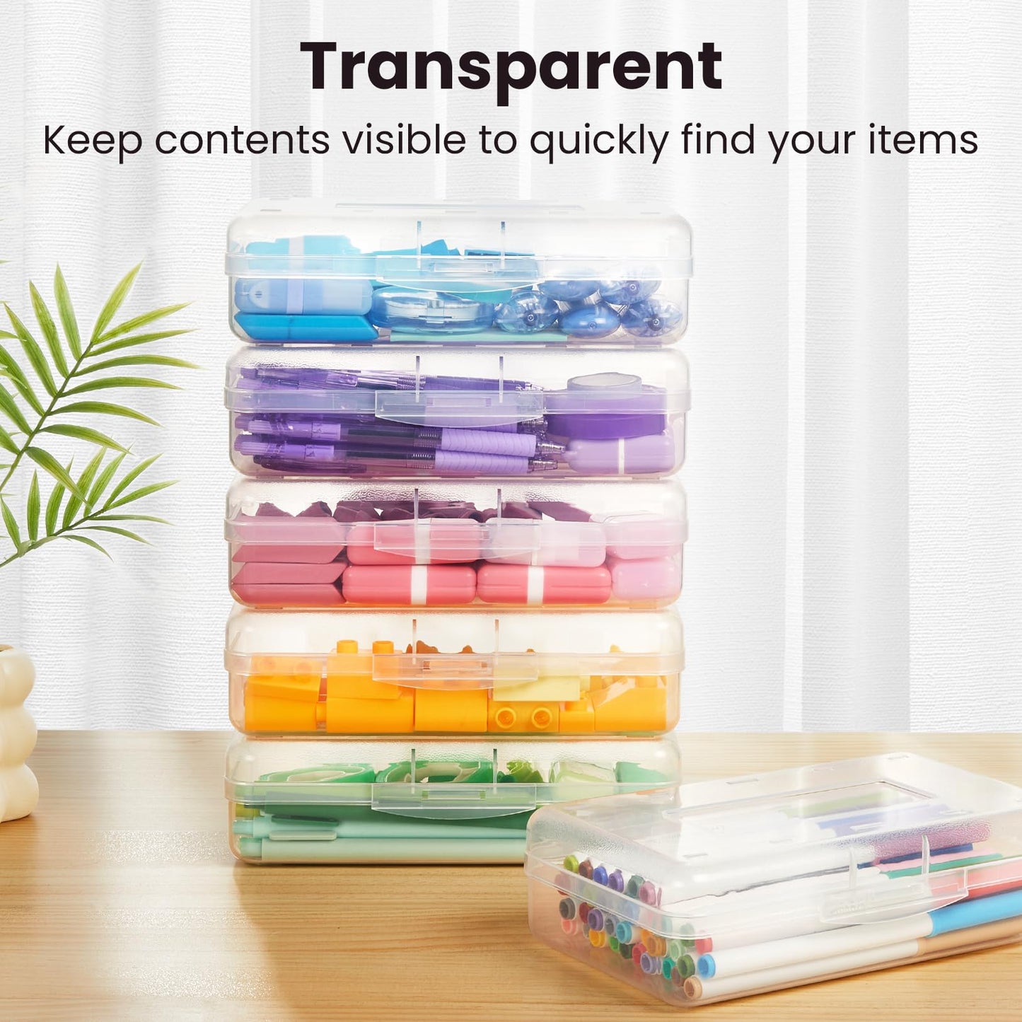 Plastic Pencil Case Box 6 Pack, Large Crayon Maker Pen Organizer, Plastic Containers with Snap Lids, Stackable Craft Storage Boxes Bulk, School Supplies Art Box for Bead, Clear