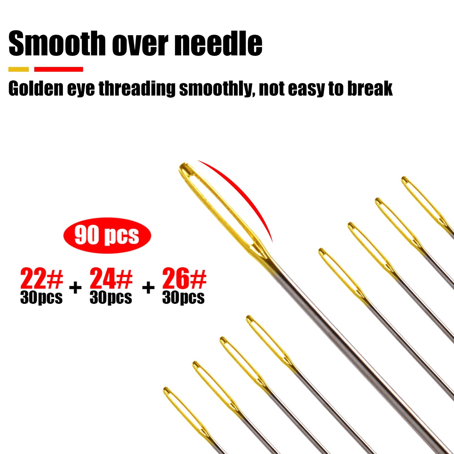 90pcs Cross Stitch Needles +2 Needle Threader Golden Color Large Eyes Cross Stitch DIY Embroidery Hand Needles Sewing Needles in Transparent Box Size 22# 24# 26#