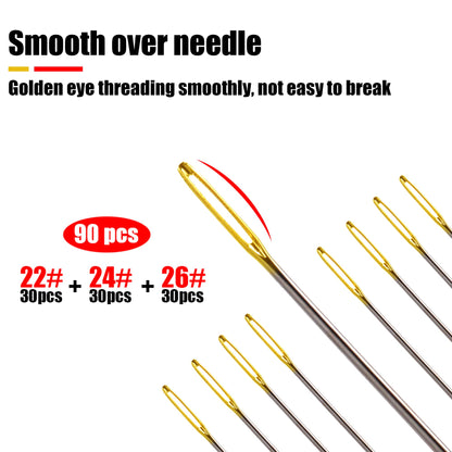 90pcs Cross Stitch Needles +2 Needle Threader Golden Color Large Eyes Cross Stitch DIY Embroidery Hand Needles Sewing Needles in Transparent Box Size 22# 24# 26#