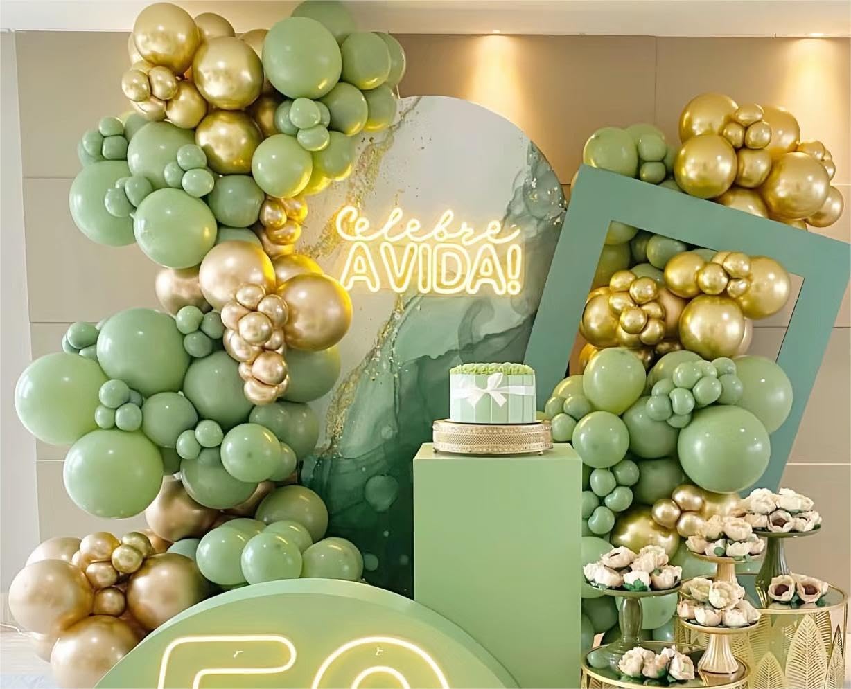 Sage Green White Gold Balloon Garland Arch Kit, 146Pcs Latex Balloons Different Sizes 18 12 10 5 Inch for Birthday Baby Shower Gender Reveal Wedding Party Decoration