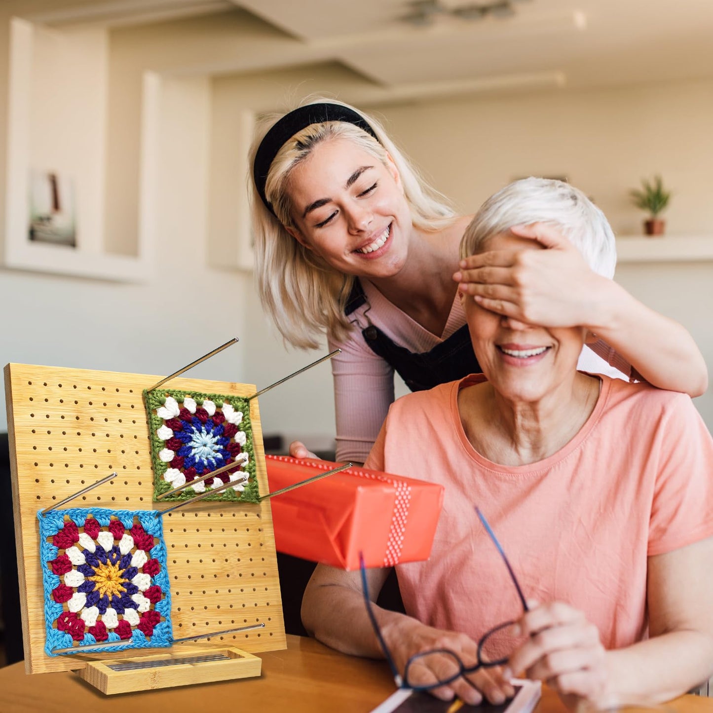 9x9 Inch Crochet Blocking Board with 20 Pins, Handcrafted Knitting Blocking Mat for Crochet Projects and Granny Squares, Gifts for Grandmothers, Mothers