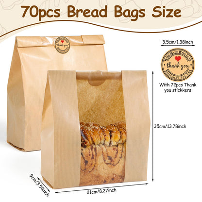 70 Pcs of Bread Bags for Homemade Bakery Bread, Sourdough Bag with Window, 13.7 x 8.3 x 3.5 Inch Large Kraft Bakery Bags with 72 Sealing Stickers, Packaging and Storage of Baked Goods