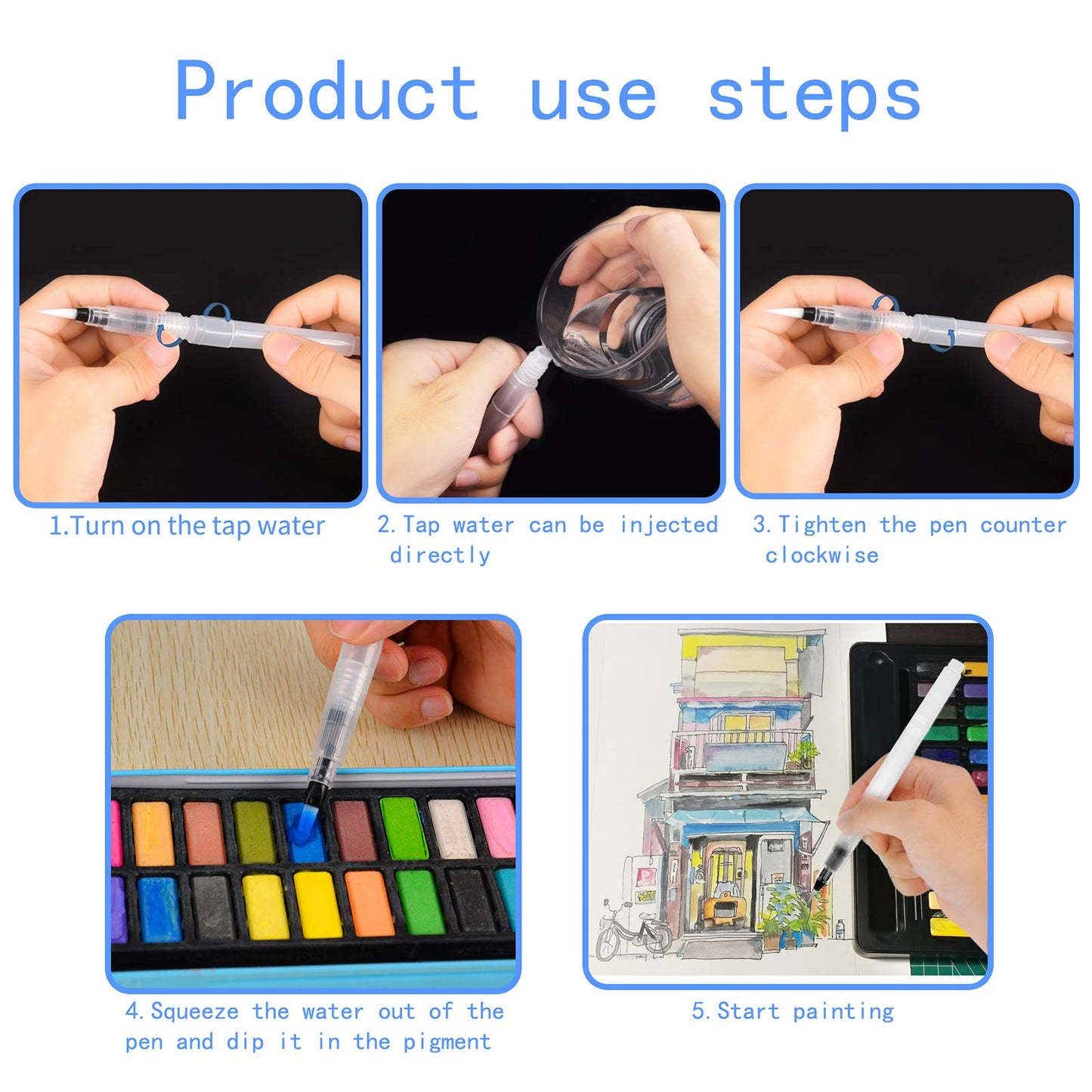 12 PCS Watercolour Brush Pens, Refillable Ink and Water Brush Pens for Paints, Artists, Painting, Calligraphy