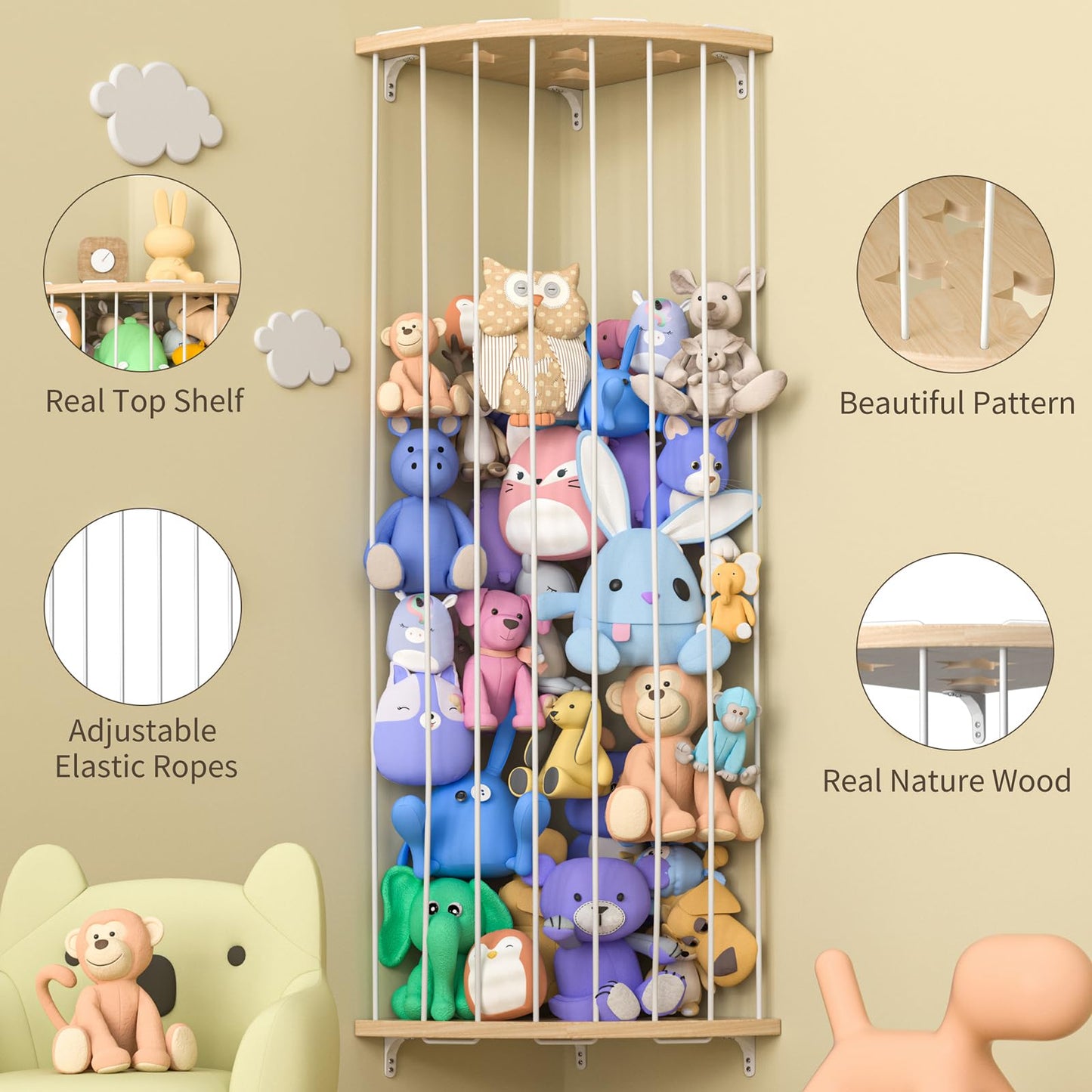 Stuffed Animal Storage Wood Corner Plush Toys Holder with Star Pattern, Length Adjustable Hanging Stuffed Animal Toy Organizer Shelf for Nursery Play Room Bedroom Kid Room