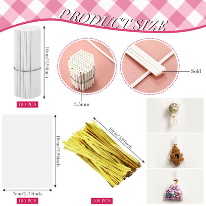 Lollipop Cake Pop Treat Bag Set Include 100 Parcel Bags 100 Papery Treat Sticks Metallic Twist Ties Meat Baller with Handles Cake Pops Making Tools for Candies, Chocolates and Cookies (Black)