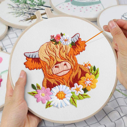 3 Sets Embroidery Kits for Beginners,Cross Stitch Kit for Adults,Starters DIY Needlepoint Including Hoop -Highland Cow and Florals Pattern