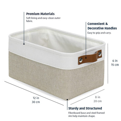 Small Fabric Storage Baskets for Shelves 3 Pack, 12x8in Closet Storage Bins for Shelves, Cloth Baskets for Organizing, Linen Closet Organizers, Fabric Basket, Beige/White