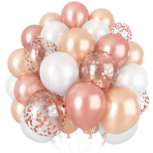 Rose Gold Balloons, 60PCS 12inch Rose Gold White Champagne Latex Balloon Confetti Balloons with Ribbon for Wedding, Baby Shower, Birthday, Engagement, Bridal Shower, Princess Party