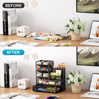 Mesh Pen Holder for Desk, Multi-Functional Pencil Organizer with Drawer, Desk Organizers and Accessories for Office Art Supplies (Black)