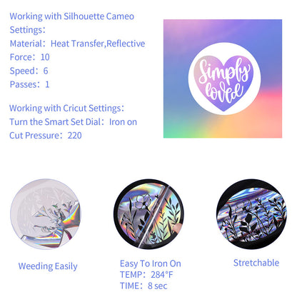 Rainbow Silver Holographic Heat Transfer Vinyl 12" x 6ft Silver Metallic HTV for T-Shirts, Clothing, Rainbow Iron on Vinyl Work with Craft Cutter